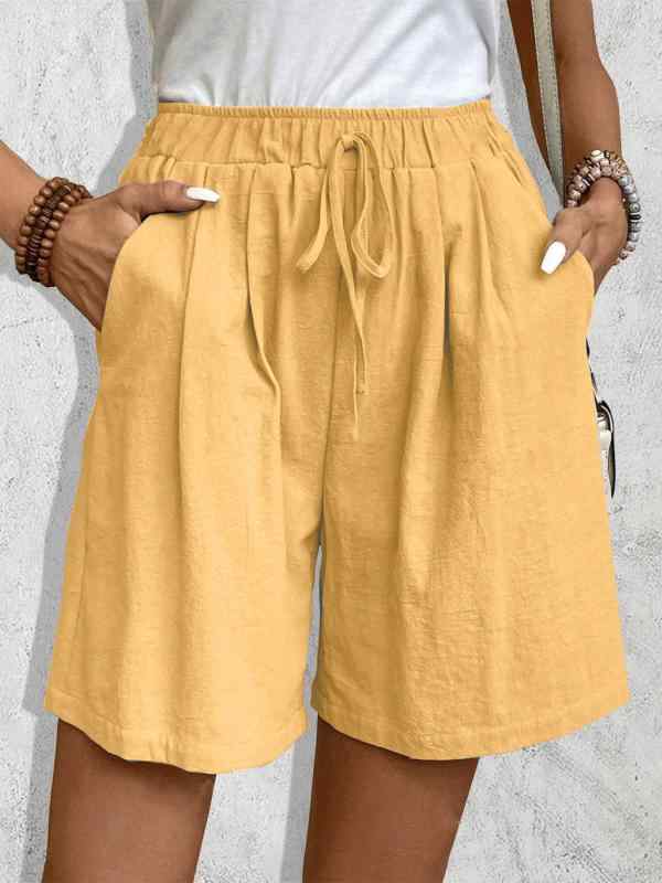 レディース ショートパンツ ハーフパンツ 抽? 鬆腰 夏用 ビーチパンツ ルームウェア ポケット付き ワイドシルエット ポリエステル 速乾 シワ加工 街頭スタイル ヨーロッパ風 気質 エレガント 天藍色 黄色 ピンク ミリタリーグリーン ネイビー ブラッ