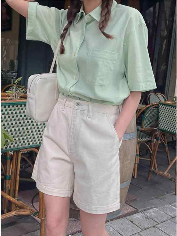 ショートパンツ 女性用 夏 高腰 デニム ホワイト ストレート ワイド レギュラー 綿混 ストレッチ 水洗加工 軽量 通勤 カジュアル スタイル 気質 シンプル 基本 デザイン