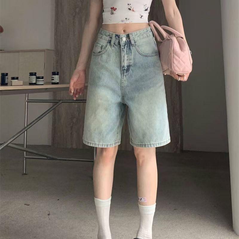 デニム ショートパンツ レディース 春夏 ヴィンテージ加工 高腰 フレア ワイドレッグ ブルー コットン混 ミックス ストレッチ 薄手 洗い加工 スリム効果 日常使い カジュアル スタイル