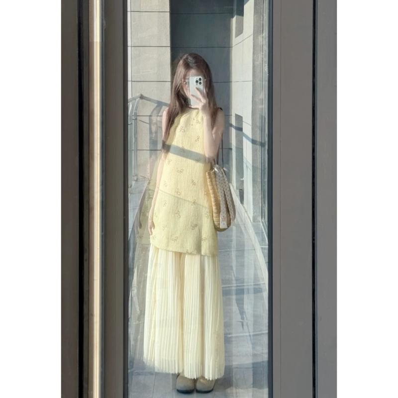 レディース 春夏 蝴蝶結 背心 ワンピース 百褶 スカート 気質 ツーピース セット 純色 シルク加工 PVC コットン 混紡 無袖 プリンセス スリーブ 私服 ミセス スタイル カジュアル セットアップ 軽量 通勤 普段使い ハイエンド シルエット ピ