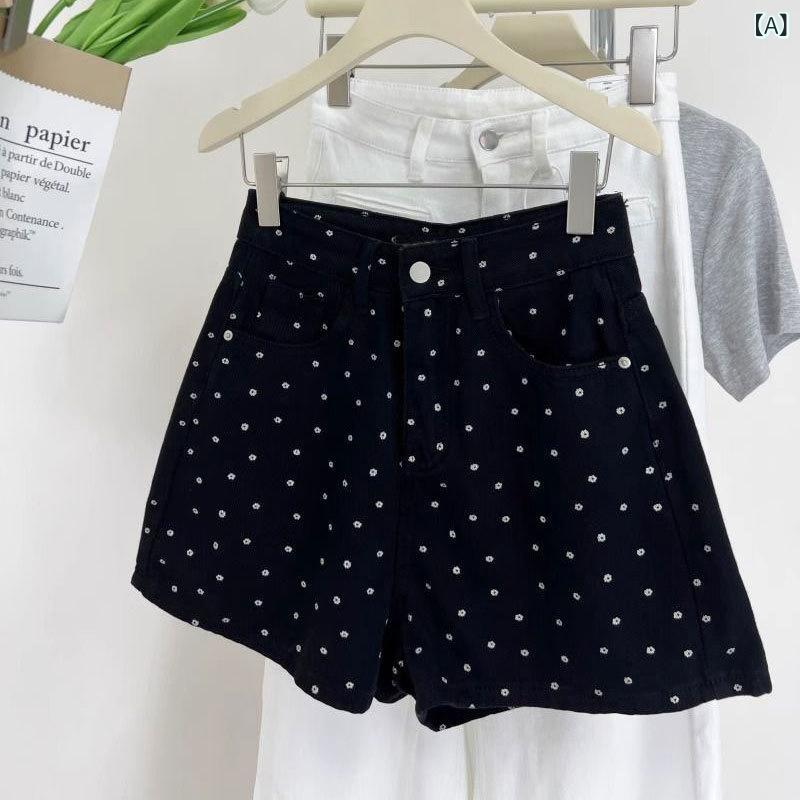 デニムショーツ 女性用 ブラック ハイウエスト 直筒 ワイドレッグ Aライン 夏用 碎花柄 ドット柄 綿素材 気質通勤 気質エレガント ゆったりシルエット 吸湿速乾 軽量 普段使い 膝上丈 切り替えデザイン