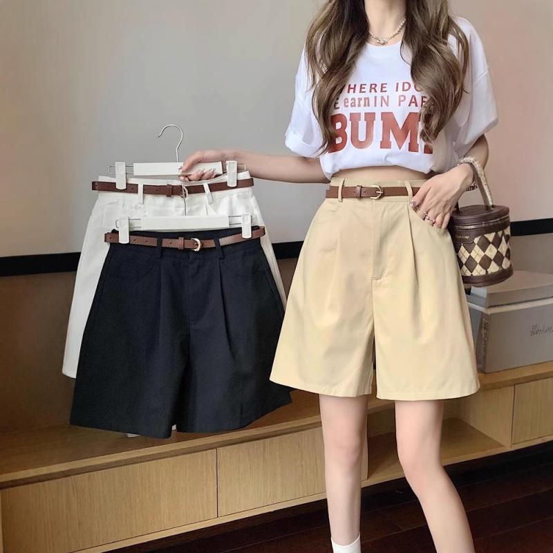 レディース ショートパンツ 夏用 直筒 高腰 Aライン ワイドレッグ 工装風 ??素材 厚手 ポケット付き 無弾性 免?加工 快適カジュアル ブラック ベージュ ホワイト