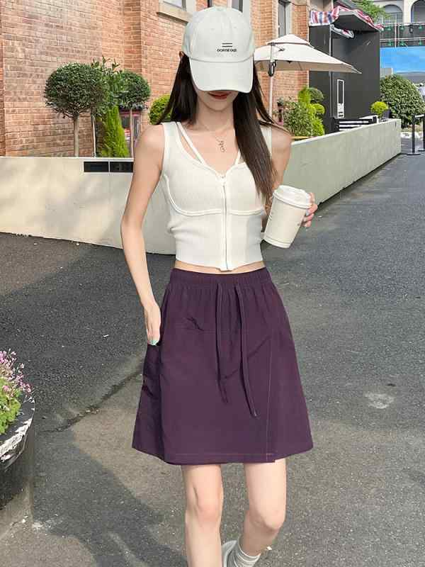 レディース スカートパンツ 速乾 切り替え デザイン ハイウエスト ショート 薄手 通勤 普段使い 快適 休? ナイロン 素材 無地 ネイビー イエロー ホワイト パープル グレー