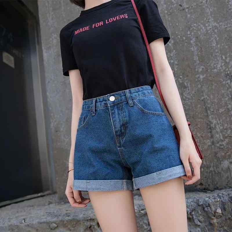 ショートパンツ レディース 夏 高腰 ブラック デニム ショーツ 学生服 ロールアップ ルーズフィット スリムライン Aライン ワイドレッグ ハーフパンツ 韓流スタイル 通勤 気質 直筒 3分丈 手磨き加工 ポリエステル混紡 コットン ハイウエスト ラッ