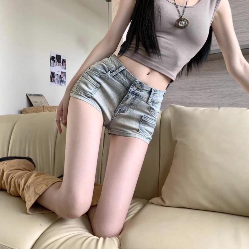 ショートパンツ 女性用 低身長対応 低腰 直筒 ワイドレッグ タイトフィット ホットパンツ ダメージ加工 夏用 デニム 綿素材 中厚手 伸縮性 ジッパー ライトブルー 通勤スタイル カジュアル ハイウエスト ミディアムストレッチ ウォッシュ加工