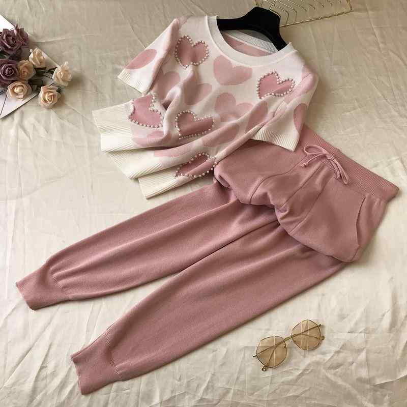 レディース ニット トップス セット 女性用 短袖 九分丈パンツ 2点セット 春夏 化?混紡 粘繊 31-50% ピンク 天藍 幾何柄 釘珠 アクセサリー 付き 軽量 伸縮性 清新 甘美 スタイル カジュアル 普段使い セットアップ 洋気 気質 減齢 効