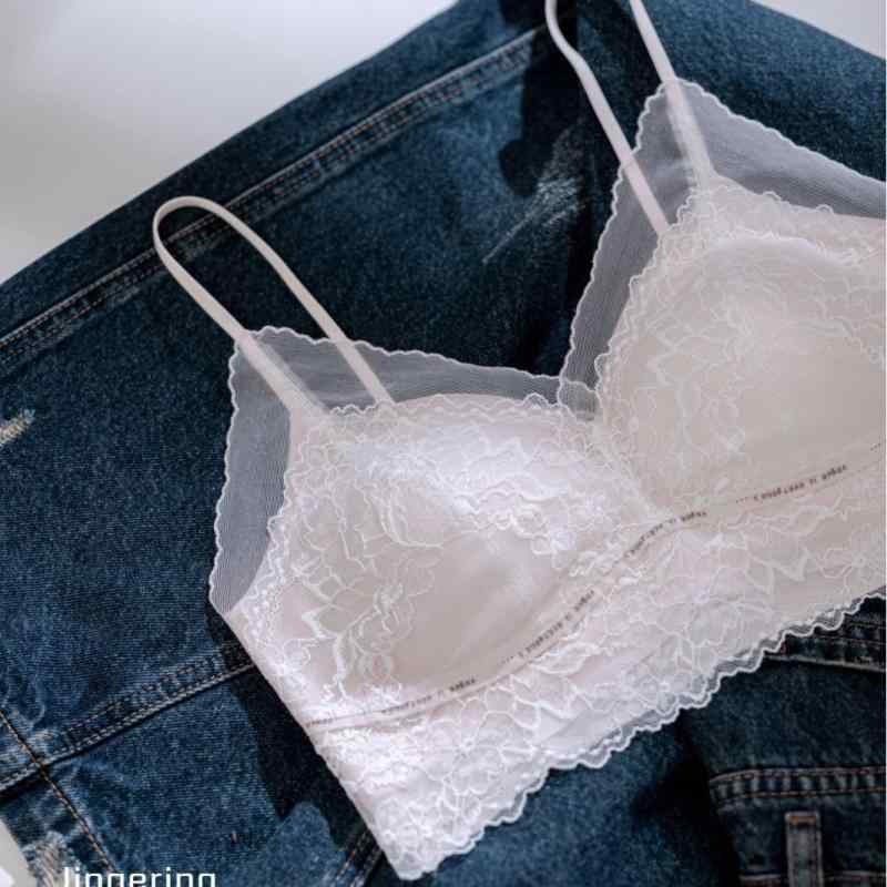 レディース 夏用 フレンチスタイル レース ベアトップ ブラジャー 薄型カップ 透け感 メッシュ 通気性 細ストラップ ノンワイヤー 美背 デザイン ピンク系 アイボリー グレー ブラック 接触冷感 軽量 伸縮性 3/4カップ 背心型 ニット素材 女性用