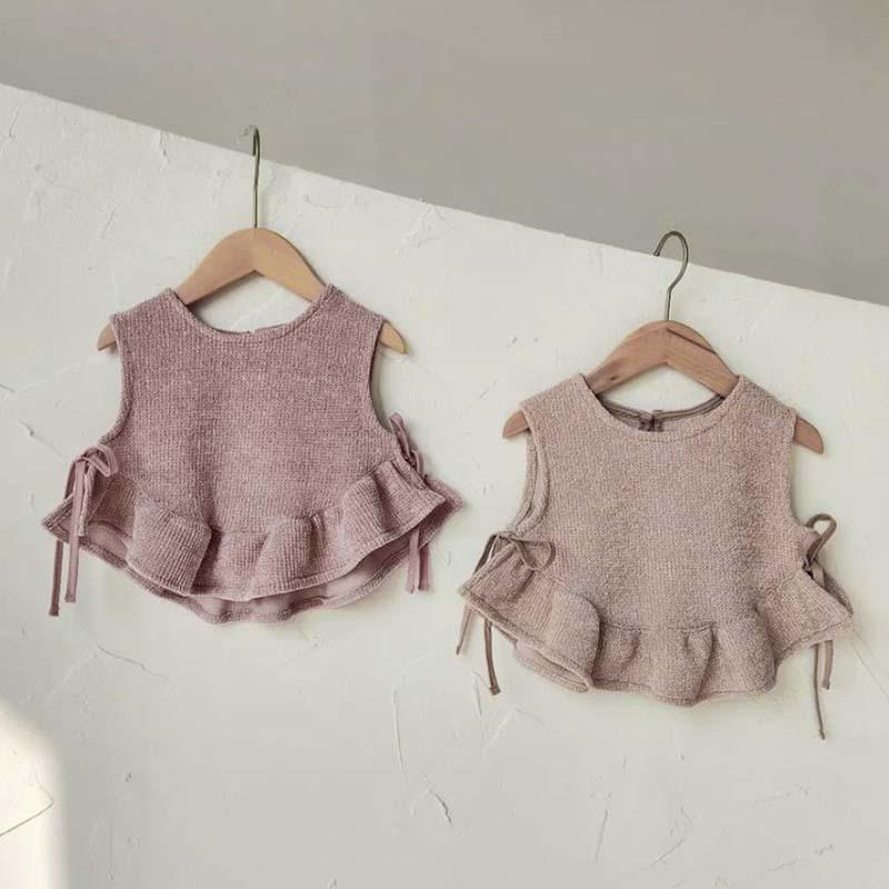 ベビー 女の子 秋冬 ニット ベスト かわいい 荷葉エッジ 系帶 デザイン 柔軟 ポリエステル 素材 丸首 無帽 暗ピンク ディープ アプリコット 80cm 90cm 通年 暖か レイヤード トップス