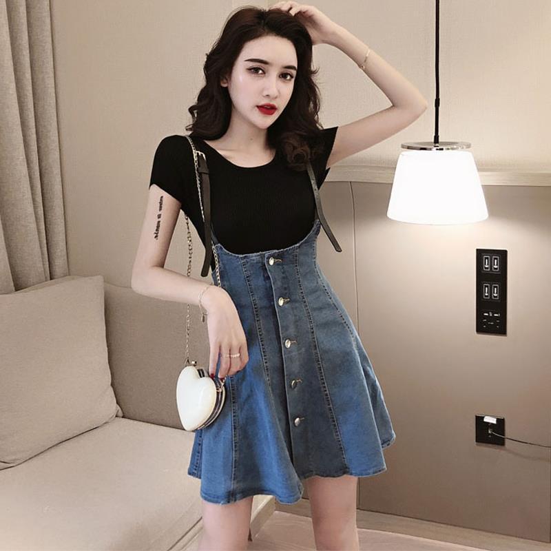 夏 スカート 女性用 韓国風 ゆったり フリル プリーツ デニム 半身スカート 吊りスカート 背広スカート 牛仔布 綿素材 切り替え柄 ボタン 紐 プリーツ加工 ミディ丈 仙女スカート ゆったり腰 短袖 荷葉袖 荷葉襟 ストリートスタイル かわいい 清新