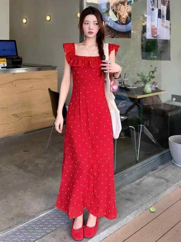 ワンピース 女性用 夏用 吊り帯 ロングスカート フレンチスタイル 優しい気品 フレア袖 フリル 切り替え ポルカドット スクエアネック Aライン 中長丈 無袖 中腰 セットイン 涼しい 清新 スイート ポリエステル 素材 軽量 通気性 好い 日常使い