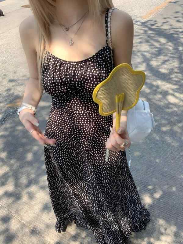 衣装 レディース 夏 吊り紐 黒 波点 A生産ライン 長丈 スコート 甘め 森御姉さん フレンチ たまり場 表現スタイル 愛くるしげ 目あたらしい 印花 ポリエステル 原料品 冷やりとした 軽さ 無袖 太陽フレア 愛くるしげ 風 お上さん用 お召しもの トップス 流行り物 ひと休み コーデ ビ