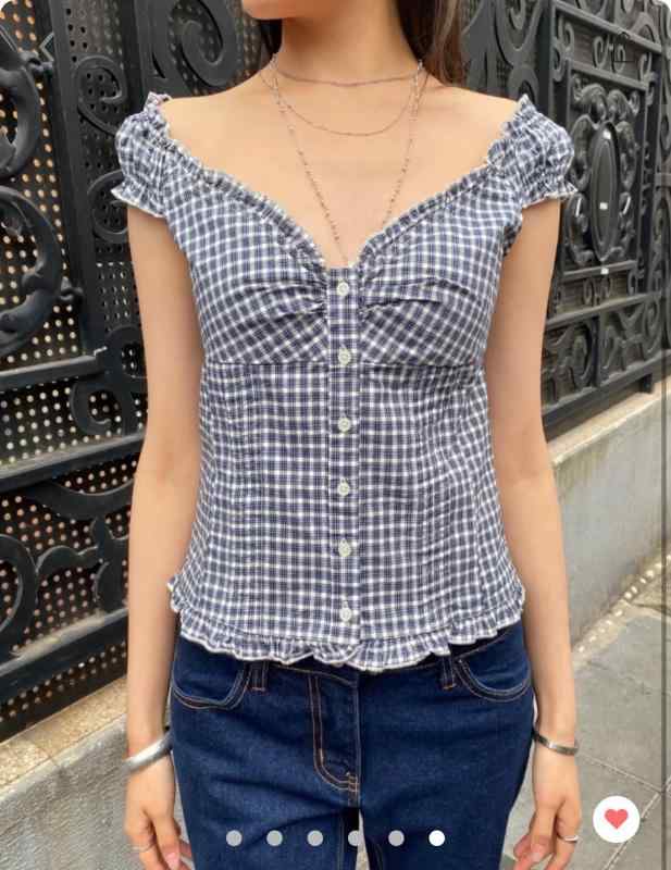 吊り下げトップス 女性用 綿素材 接触冷感 修身シルエット ネイビー 格子柄 フリル 肩紐 基本款 夏用 かわいい 清楚 甘め 軽量 通勤 普段使い 伸縮性