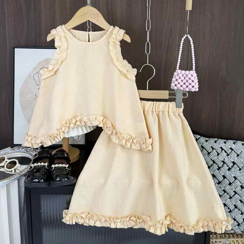 女児 トップス 無袖 ベビードール フリル 半身 スカート セット かわいい 夏服 薄手 ポリエステル 米色 純色 軽量 通気性 ビーチ バカンス スタイル 4-7歳 対応