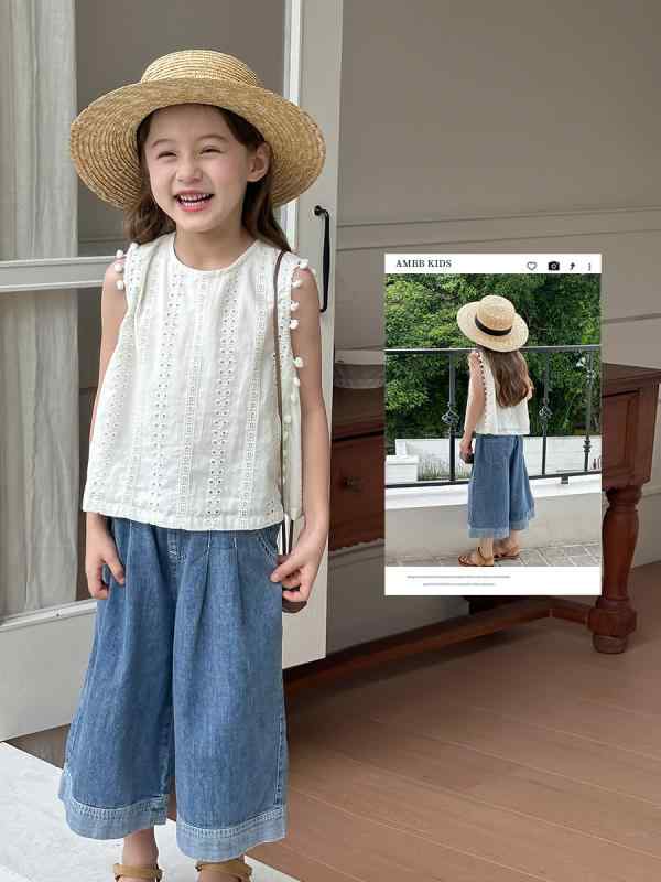 女児 トップス 女の子用 夏用 無袖 背心 綿100% 柔らかい 生地 丸首 純色 かわいい デザイン 韓国風 田園 スタイル 潮 ファッション 切り替え 刺繍 加工 軽量 通気性 吸湿 速乾 機能 日常 遊び着 3～8歳 100～140cm 対応 白色