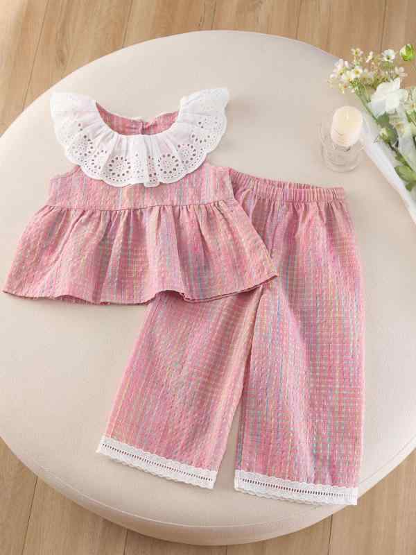 女児 トップス 無袖 キャミソール ピンク 格子柄 花辺 切り替え ワイドパンツ セット かわいい 夏服 柔らかい 綿混紡 軽量 通気性 伸縮性 普段使い 3-8歳 女の子 子供服(x3)｜トミーショップ 店