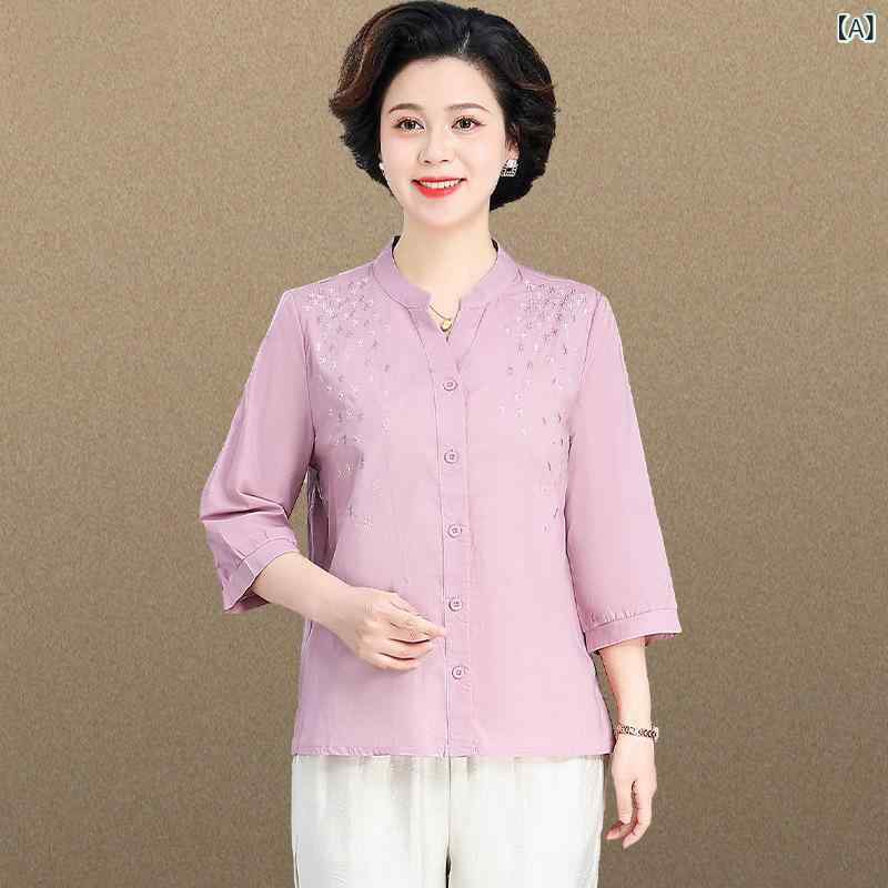 レディース 夏服 セットアップ 綿麻 刺繍 トップス ワイドシルエット 中袖 開襟 シャツ 紫 橙 ゆったり 快適 軽量 吸湿速乾 九分パンツ クロップド 紫色 オレンジ カジュアル 普段使い 刺繍デザイン ゆったりシルエット 薄手素材 スタイリッシュ