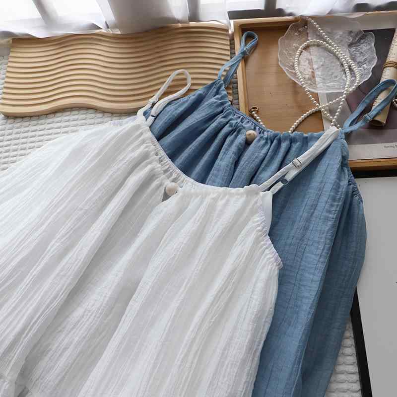 ブラウス 女性用 夏 吊り帯 背中開き 長袖 レイヤード 袖なし 一字領 荷葉エッジ 不規則 切り替え レイヨンファイバー ポリエステル 接触冷感 吸湿速乾 軽量 通気性 純色 白色 ブルー 普通丈 均一サイズ 清新 甘め ビーチ リゾート 休暇 普段使