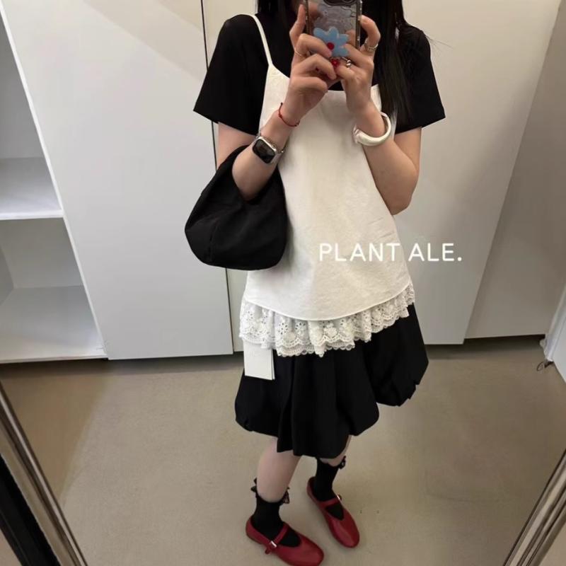 キャミソール レディース 夏用 フレンチレトロ スイート レース 切り替え 吊り紐 背心 トップス コットン 綿素材 軽量 伸縮性 ホワイト ブラック ピュアカラー ゆったりシルエット レイヤード スタイル ファッション 私服 かわいい 女性用