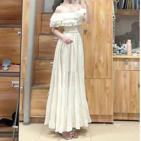 ワンピース 女性用 夏 白色 フリル 肩出し ストラップ ロングドレス 海辺 リゾート ハイウエスト 切り替え 無袖 長丈 Aライン スカート 片面 セットオン ストラップレス タイプ チューブトップ スタイル ベーシック 袖 イージー フィット シルエ｜トミーショップ 店