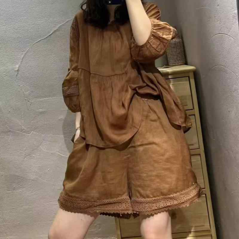 レディース ?麻 トップス シャツ 七分袖 ブラウス ワイドレッグ 短パンツ セット 接触冷感 軽量 吸湿速乾 切り替えデザイン ブラック 紫 ミリタリーグリーン ブラウン ホワイト カーキ 復古風 ゆったりシルエット 春夏 普段使い 通勤(x3)