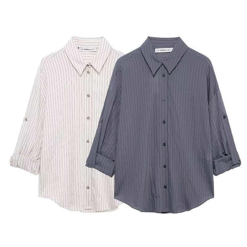 レディース 春夏 セットアップ ワイドパンツ ルーズ ストライプ シャツ 長袖 トップス ポリエステル サテン 生地 幾何学 プリント 長ズボン 白 ブルー 快適 ゆったり シルエット 日韓 カジュアル スタイル ネイティブ ミックス ファッション 軽量