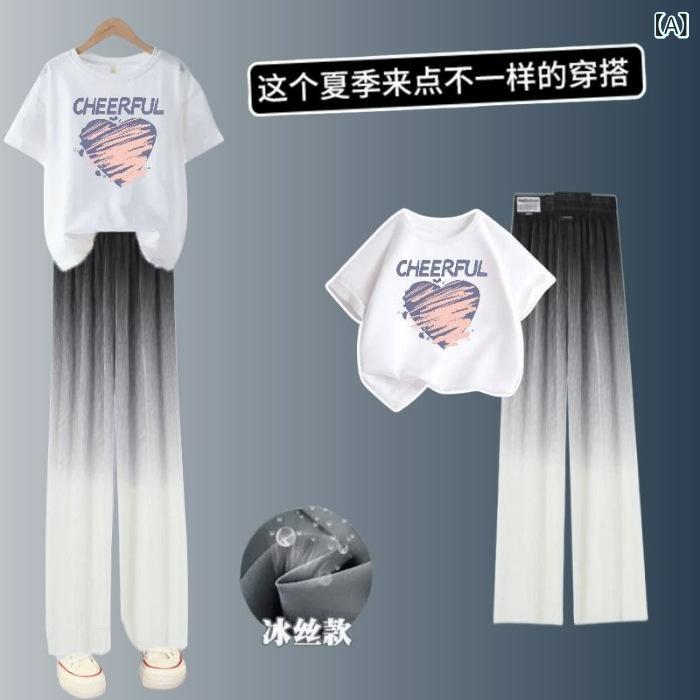 女児 ワイドパンツ セット 接触冷感 夏用 薄手 直筒 中大童 かわいい 印花 トップス ロングパンツ 組み合わせ コットン混 ポリエステル 綿素材 涼しい 軽量 伸縮性 白色 ハート柄 ブラック パープル レッド カラーバリエーション 日常着 女の子 4,474円