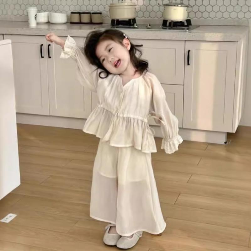 女の子 セットアップ 春夏 子供服 ファッション トップス ワンピース風 シャツ 長袖 薄手 純色 ピンク アイボリー ワイドパンツ ロングパンツ 再生繊維 柔らかい素材 接触冷感 吸湿速乾 軽量 かわいい デザイン 3～8歳 女児 夏用 普段使い セッ