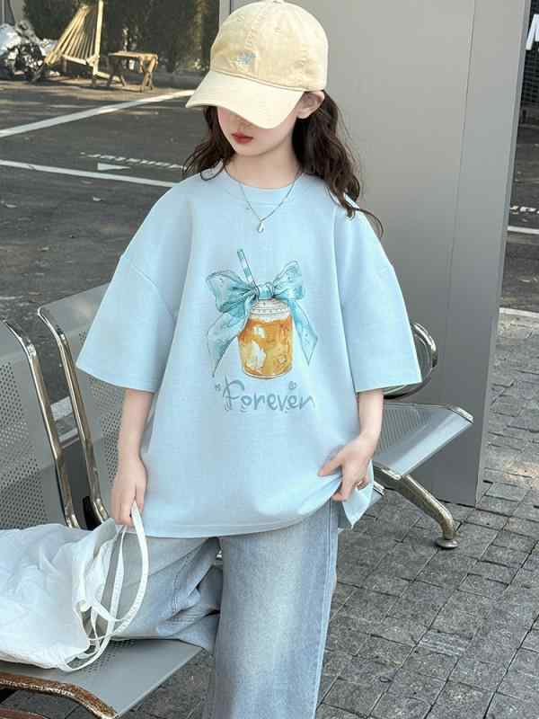 女の子 トップス 短袖 Tシャツ かわいい 夏 春夏 子供服 8歳以上 レディースキッズ ゆったり ルーズフィット 丸首 蝶ネクタイ プリント 花柄 コットン混紡 柔らか素材 吸湿速乾 通気性 アイスブルー アイボリー 軽量 普段使い 学校着 カジュアル