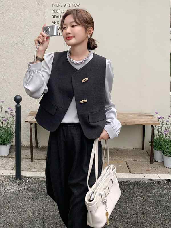 レディース 春夏 セットアップ シャツ ベスト ワイドパンツ 3点セット 長袖 長ズボン ポリエステル 軽熟風 私服 純色 セット トップス ボトムス ハイウエスト ゆったりシルエット 通勤用 普段使い 接触冷感 吸湿速乾 軽量 伸縮性 高級感 ブラック