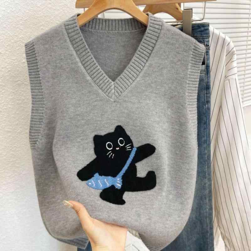 ノースリーブニット 女性用 春夏 秋冬 ゆったりシルエット 無袖カーディガン かわいい猫柄 3D立体プリント Vネック ポリエステル素材 中厚 免・聞加工 セットオン グレー ベージュ ワインレッド 日韓カジュアル 気質エレガント ゆったりトップス レイヤ