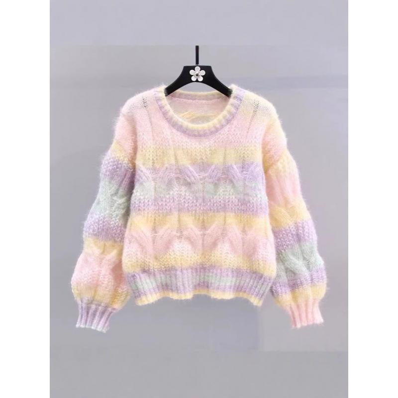 ニット トップス レディース 春 秋冬 ピンク カラフルプリント Uネック 長袖 ゆったりシルエット 厚手 かわいい 甘め セーター カーディガン ニットウェア 接触冷感 吸湿速乾 コットン混 日常使い 軽量 伸縮性 ビッグシルエット 通勤 カジュアル