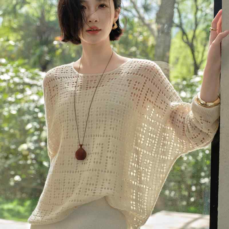 春夏 編み物 トップス 御上さん用 100%カシミール 丸首 九分袖 広広とした影ぼうし ゆったり うつり変わり絵図面 軽さ 優しいこと 当たること冷感 吸湿速乾 浅米色 淡さくら色 青味 赤銅色 薄墨色 通い 普段使い走り 御部屋着