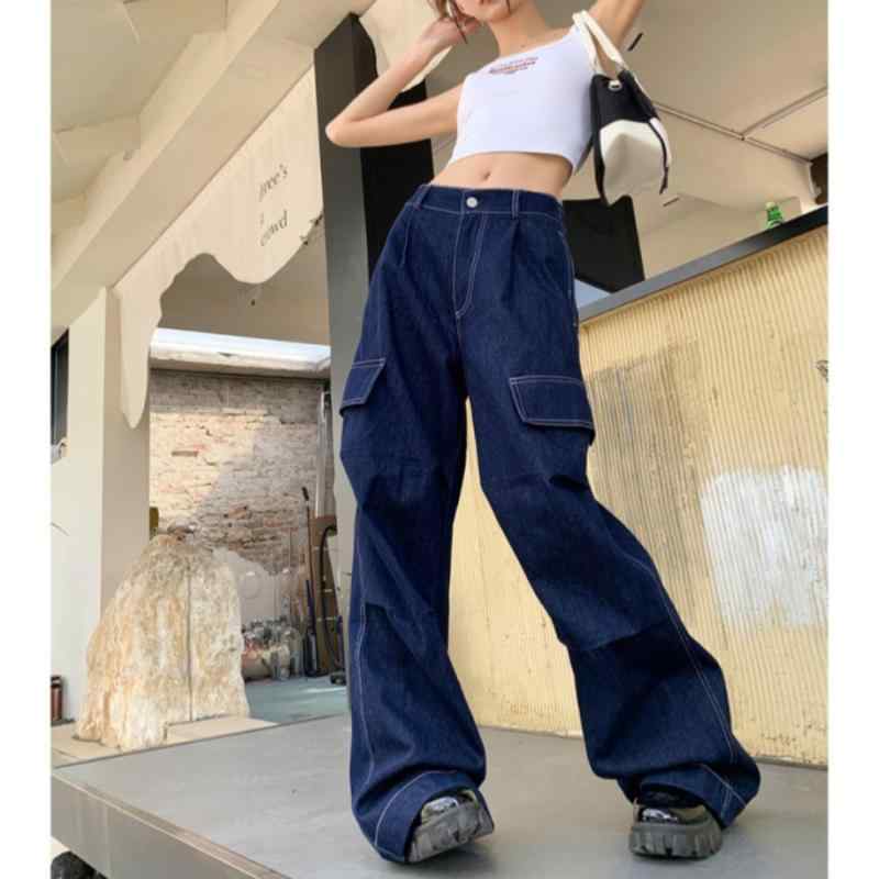 ワイドパンツ 女性用 春夏 牛仔パンツ デニム ロング丈 低腰 ミッドウェイト ボタン ディープブルー 微弾性 ゆったりシルエット 切り替え マルチポケット 都市 通勤 カジュアル スタイル 軽量 伸縮性 吸湿速乾 普段使い アウトドア
