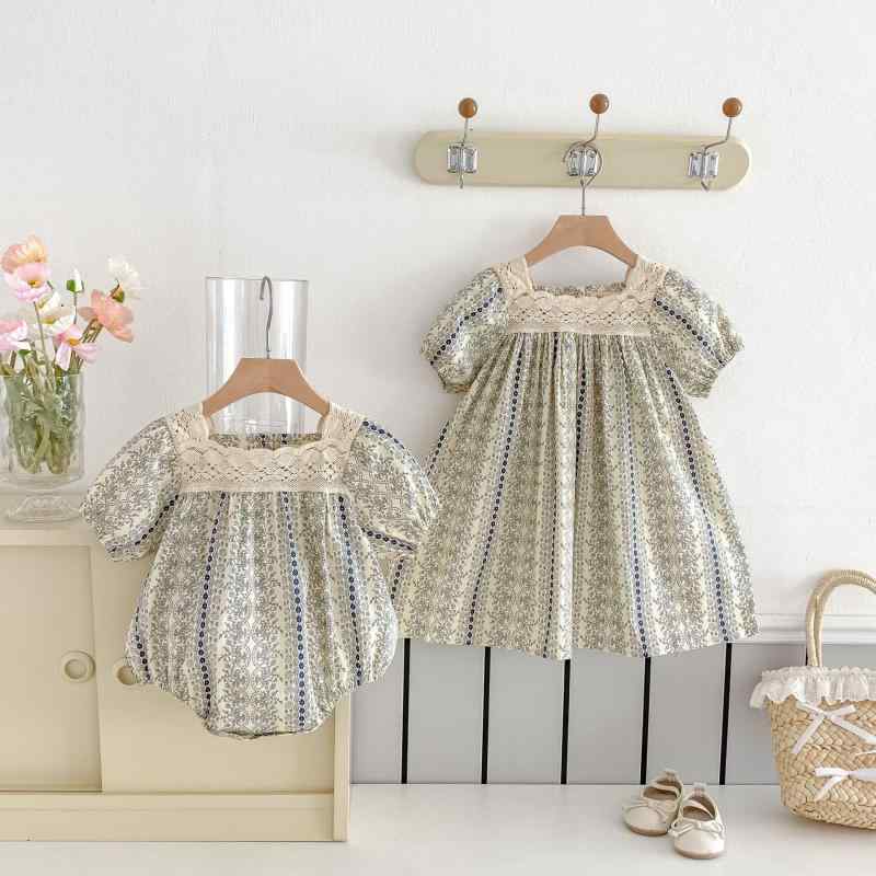 女児用 ベビー ワンピース 短袖 連体服 プリンセス プリント レース 付き Aライン スカート 綿100% 柔らか素材 夏用 かわいい 柄 女の子 姉妹 お揃い ストライプ パターン 1-3歳 66-130cm 対応 軽やか 肌触り 良い 日常使い 通