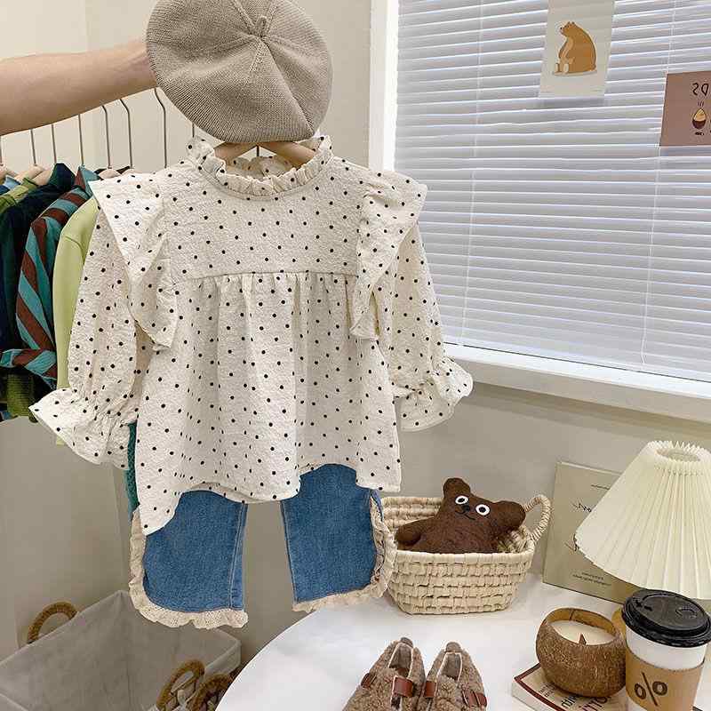 女の子 長袖 シャツ 子供服 綿素材 吸汗 かわいい ポルカドット フレアスリーブ レース ラウンドネック 春秋 メンズ風 女児 トップス 柔らかい 生地 アイボリー カジュアル 普段使い 動きやすい 個性派 韓風 洋服