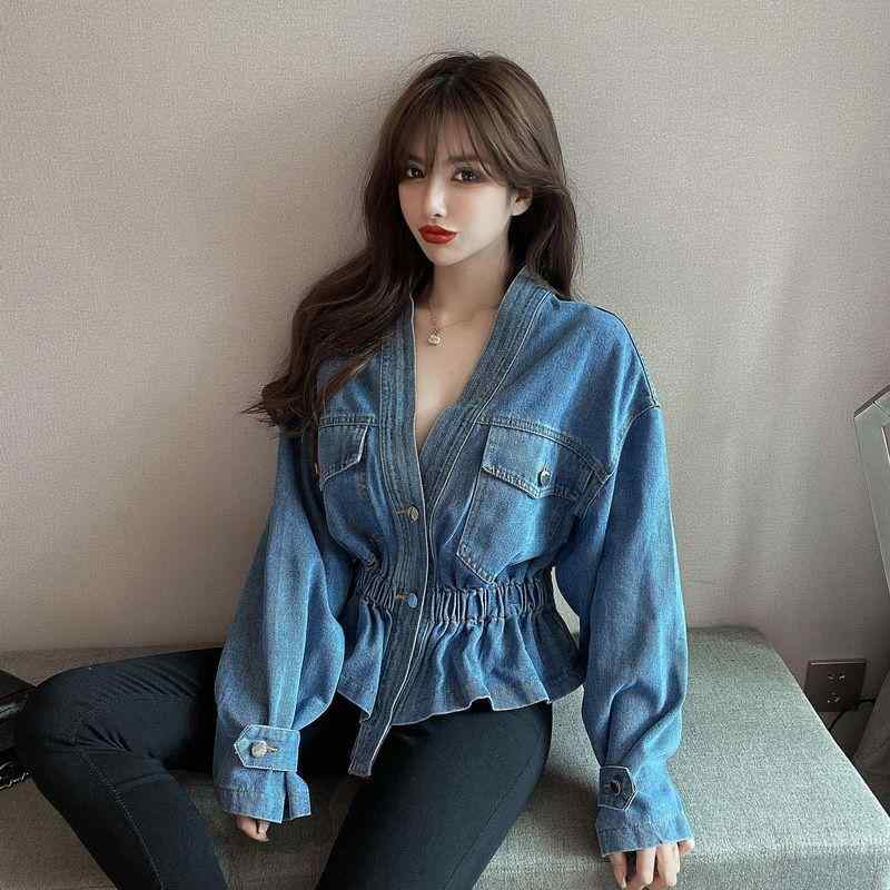カーディガン 女性用 春夏 韓国風 ゆったり ウエスト切り替え スリム Vネック 無袖 牛仔 ブルー 接触冷感 ストレッチ 軽量 中厚 私服 修身シルエット 洋気 デニムジャケット トップス 普段使い 伸縮性 吸湿速乾