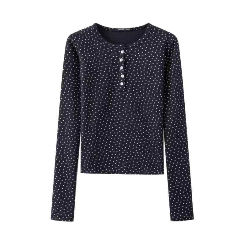長袖 Tシャツ 女性用 コットン素材 ワッフル格子柄 フラワープリント 5粒ボタン ラウンドネック ポルカドット ノンアイロン加工 スリムフィット ボディシェイプ インナー トップス かわいい 甘め スタイル 快適 日常使い 秋 春夏 秋冬 通勤 外出