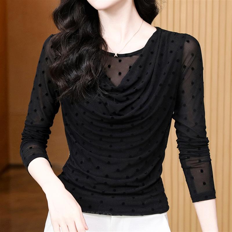 長袖Tシャツ 女性用 春秋 メッシュ 植? 波点 偽ツーピース ゆったり スリム 黒 紫 赤 気質 通勤 吸湿速乾 免? 都市風 接触冷感 トップス インナー ロング丈 Vネック 長袖カットソー レイヤード コットンライク 軽量 伸縮性