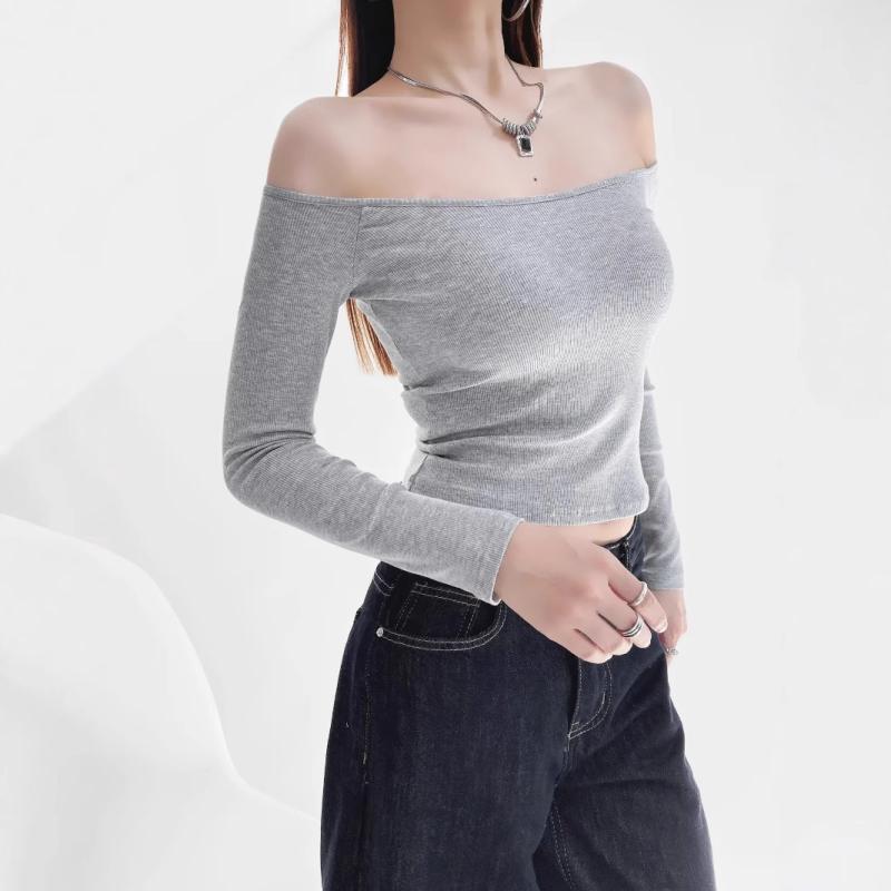 Tシャツ 女性用 長袖 肩出し ワンハリネム ポルカドット 切り替え 修身 スリムフィット 短丈 コットン混 接触冷感 伸縮性 ブラック グレー系 ベージュ 春夏 セクシー かわいい 普段使い カジュアル トップス