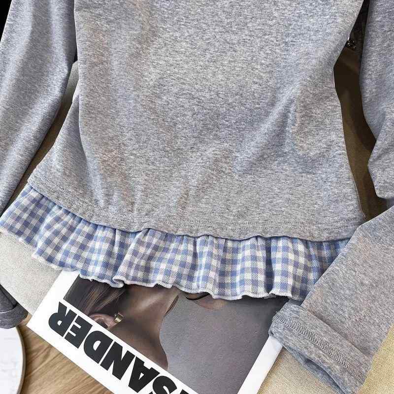 Tシャツ 女性用 春 長袖 グレー 切り替え 格子柄 ポルカドット 修身 フェイクツーピース トップス 百搭 日常使い 軽量 伸縮性 綿混 ハイネック ボタン ディテール 日韓カジュアル ルーズフィット 春夏 コーディネート 人気シルエット 吸湿速乾 ソ