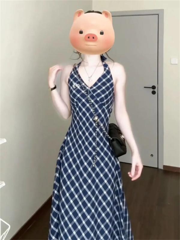 ワンピース 女性用 吊り紐 ミドル丈 スカート Vネック 無袖 ハイウエスト チェック柄 切り替え デザイン ?? ポリエステル 素材 軽量 通気性 吸湿速乾 夏 春夏 シーズン 日韓 スタイル カジュアル 普段使い セットアップ 対応 ブルー グレー