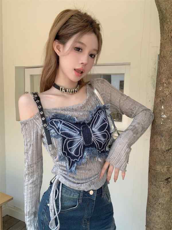トップス 女性用 秋冬 ストリートスタイル 灰色 修身 短丈 斜めVネック フレア袖 長袖 デニム切り替え 蝶柄 接触冷感 ポリエステル スパンデックス 伸縮性 吸湿速乾 免アイロン セットイン かわいい 個性派 普段使い トレンド Y2K ビンテージ 4,421円