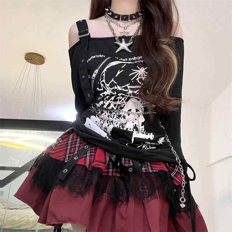Tシャツ レディース ビッグサイズ ゴス ストリート ファッション Y2K 千禧 ガール スタイル ドローストリング プリント ロングスリーブ トップス ブラウス ゆったり スリム効果 ワイドシルエット 都市 通勤 気質 ブラック ポリエステル 吸湿速乾