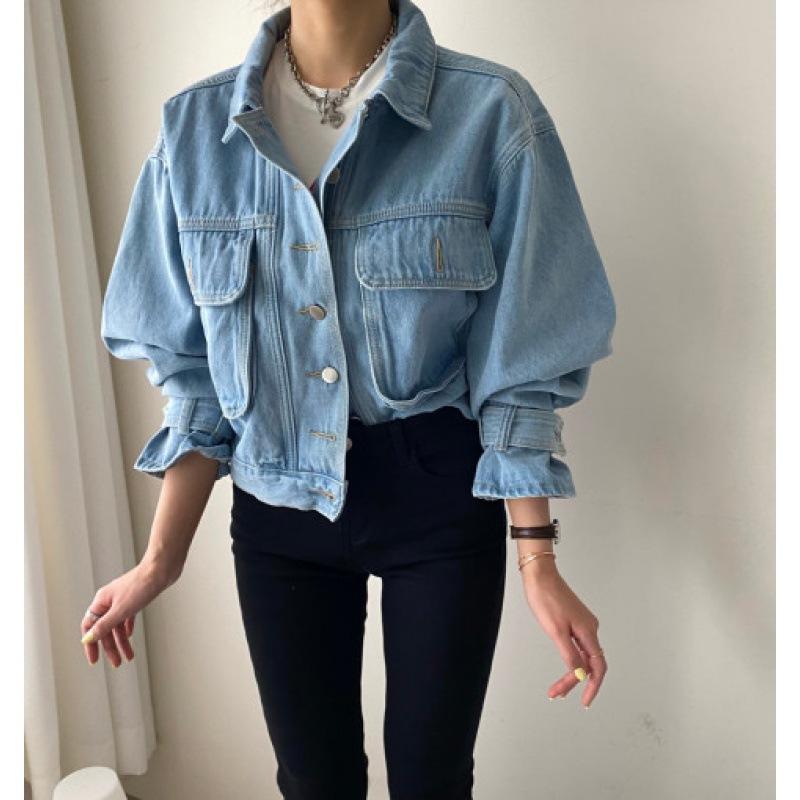 レディース 牛仔ジャケット 春秋 復古風 スタンドカラー シングルブレスト ゆったりシルエット ショート丈 ポケット付き ランタンスリーブ 水洗い ライトブルー ダークブルー 長袖 デニム素材 カジュアル ストリートスタイル 軽量 伸縮性 日常使い 通勤