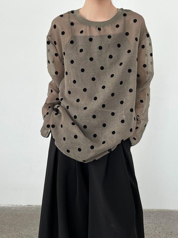 Tシャツ 女性用 長袖 波点 レース素材 透け感 切り替え 防晒 トップス ルーズフィット 中長丈 丸首 挿し肩袖 日韓カジュアル 夏 接触冷感 吸湿速乾 軽量 白色 ・柑其色 ブラック 普段使い アウトドア 部屋着