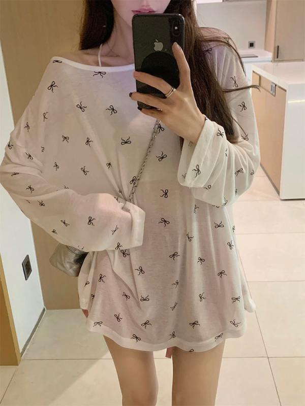 長袖Tシャツ 女性用 夏 白 透け感 ポルカドット 蝶結び デザイン セットイン 袖 レイセル 繊維 素材 70-80% ゆったり シルエット 中長丈 ラウンドネック 防晒 機能 薄手 快適 レイヤリング トップス 通勤 スタイル 気質 デザイン 接触冷
