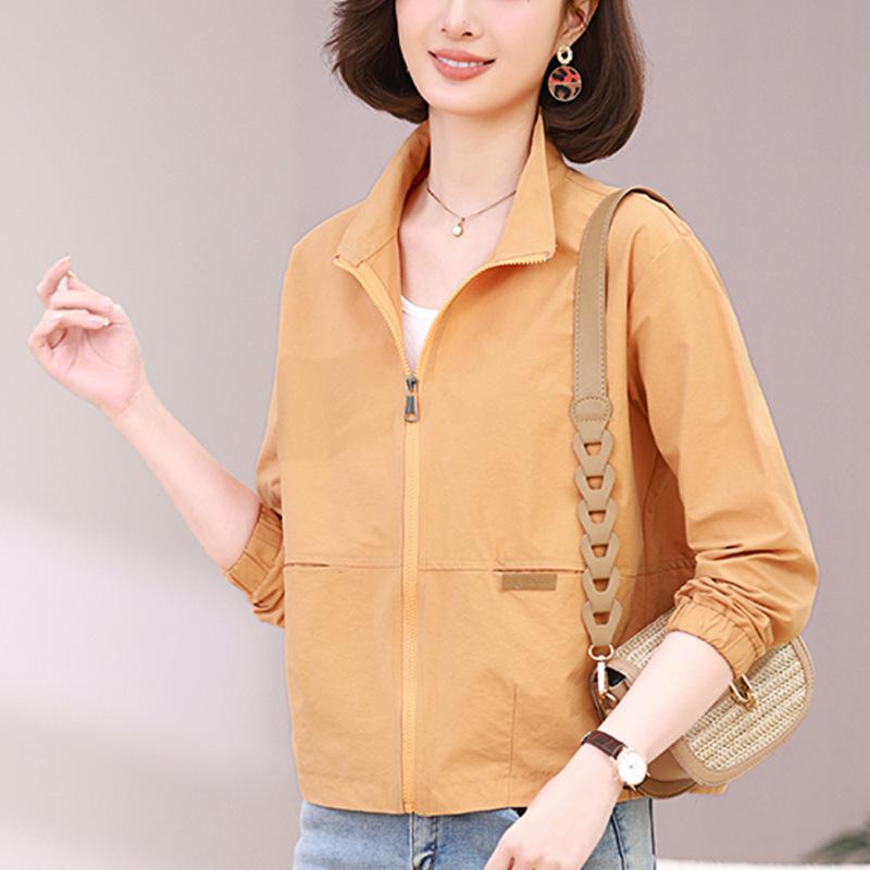 レディース 春夏 外套 トップス コート ジャケット 韓国風 カジュアル スタイル 女性用 ゆったり ルーズ フィット スリム 効果 薄手 長袖 シャツ ブラウス 立襟 デザイン ポケット 付 ジッパー 開閉 綿 素材 95パーセント 以上 中厚 手触り