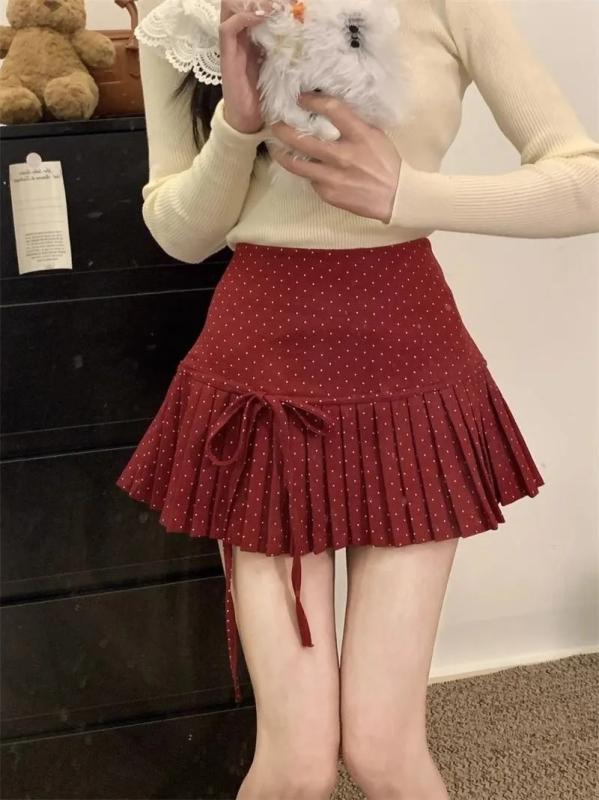 スカート 女性用 半身スカート 百褶スカート プリーツスカート 短スカート 波点柄 蝶ネクタイ リボン 系帶 学院風 プリーツ 赤 深藍 黒 ポリエステル ポリウレタン 無弾力 私服 スカートシルエット かわいい 赤リボン 深藍リボン 黒リボン プリーツ