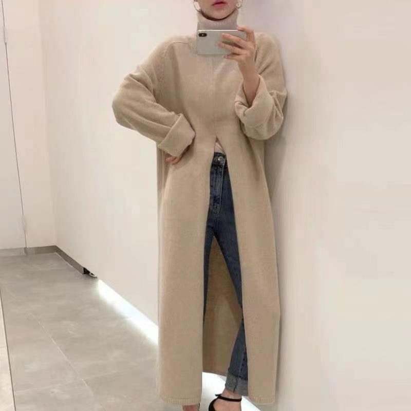 ニット ワンピース 女性用 秋冬 長袖 ハイネック 直筒 ミドル丈 開き ゆったり ルーズ シンプル モダン 柔らか 接触冷感 モダール ブラック 単色 切り替え タイダイ 加工 高腰 ゆったりシルエット 日常使い 部屋着 軽量 通勤用 吸湿速乾 再生繊