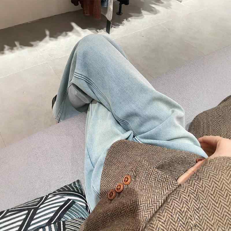 パンツ 女性用 秋冬 浅ブルー ワイドレッグ デニムパンツ 直筒 長丈 暖か裏地 ストレッチ素材 コットン混 ハイウエスト ロング丈 日常使い 秋冬コーデ ゆったりシルエット カジュアルスタイル